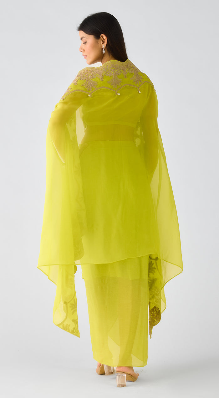 Lime Chiffon Embroidered Cape Set