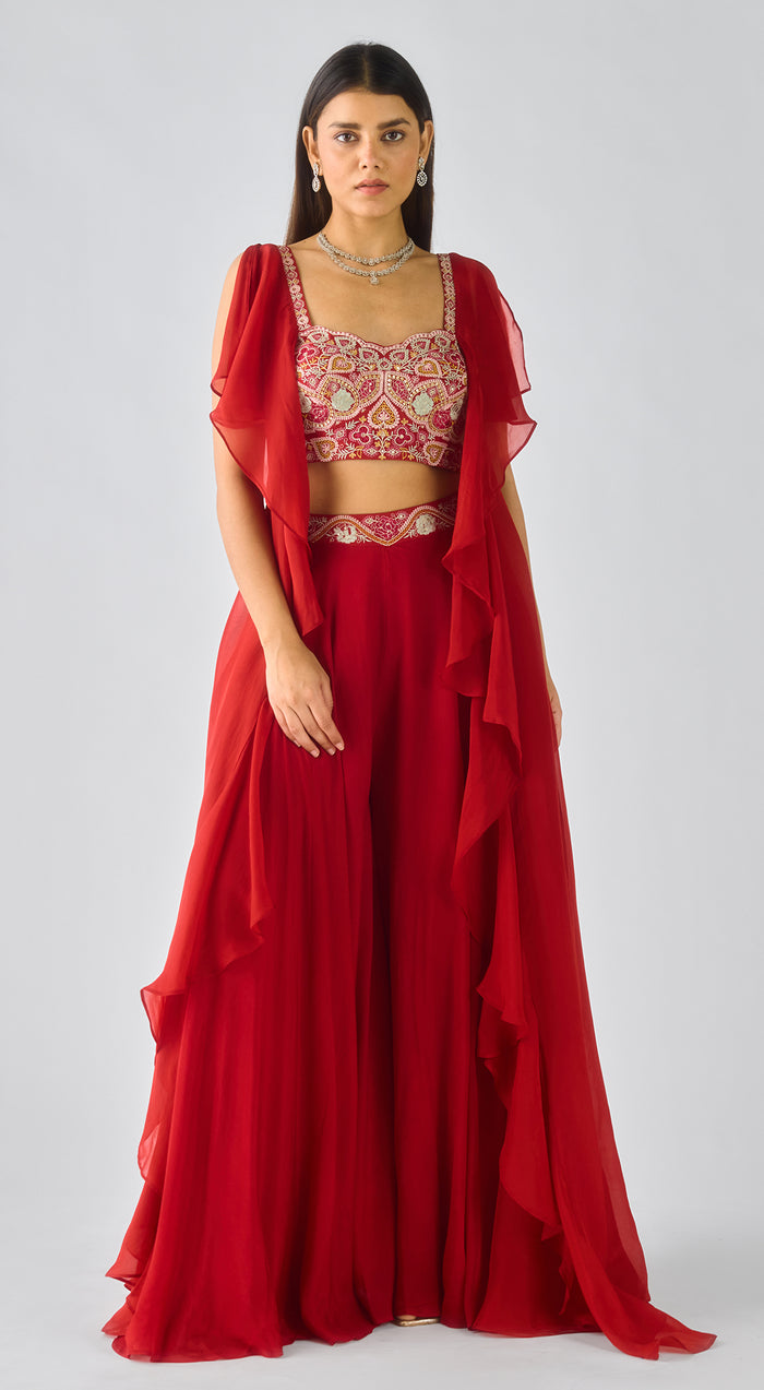Red Chiffon Embroidered Cape Set