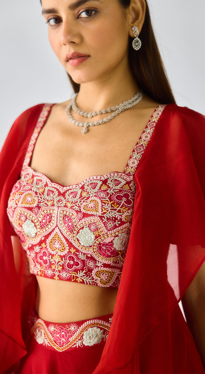 Red Chiffon Embroidered Cape Set