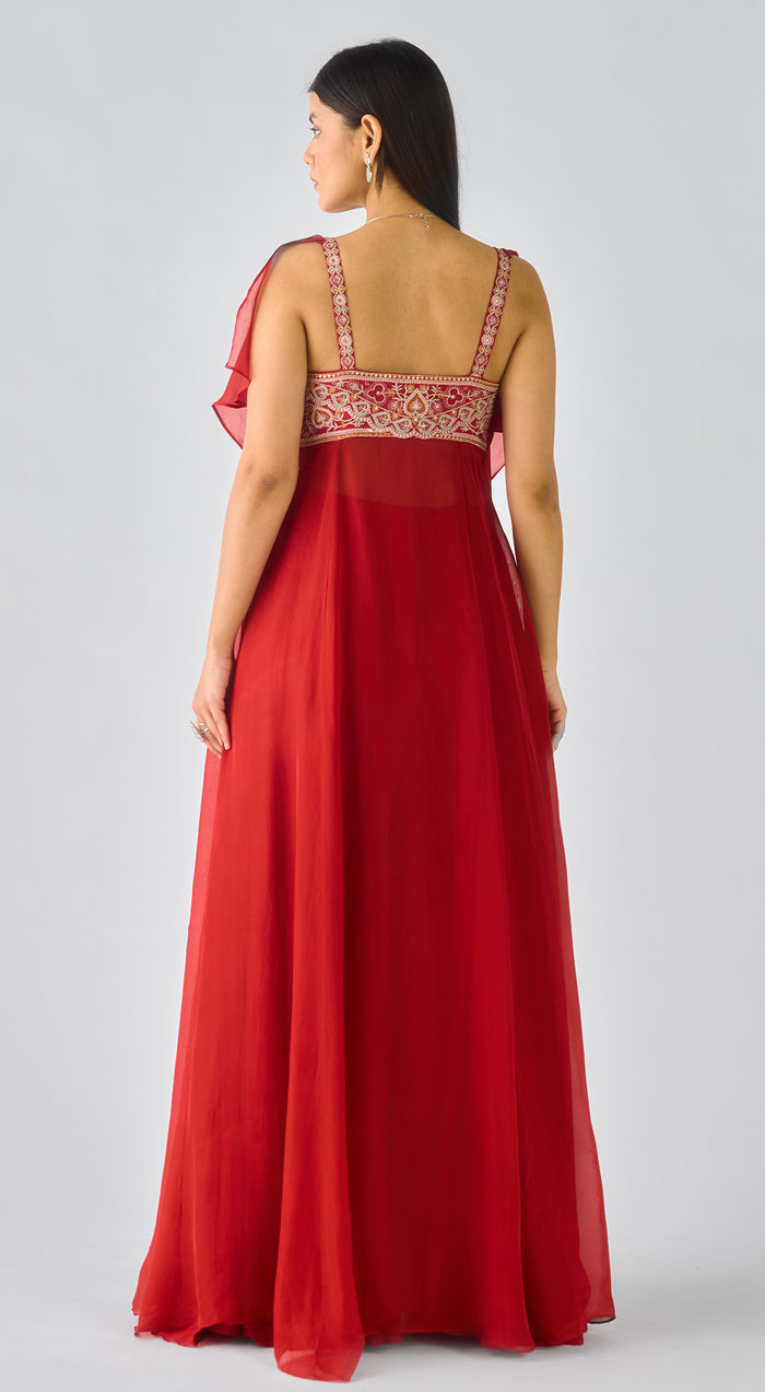 Red Chiffon Embroidered Cape Set