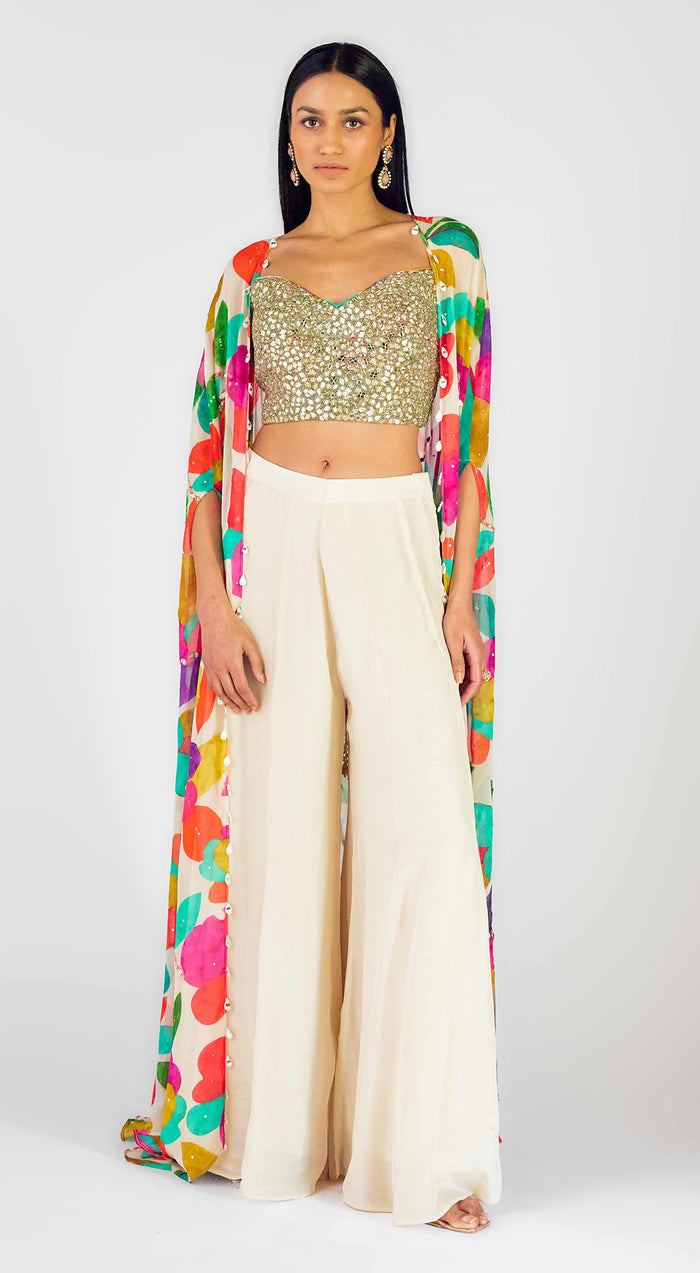 Multi Crepe Embroidered Abstract Cape Set