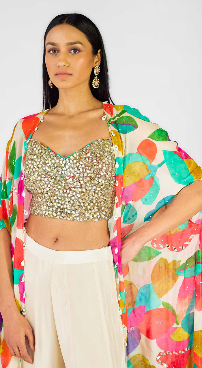 Multi Crepe Embroidered Abstract Cape Set