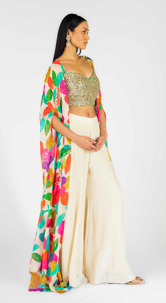 Multi Crepe Embroidered Abstract Cape Set