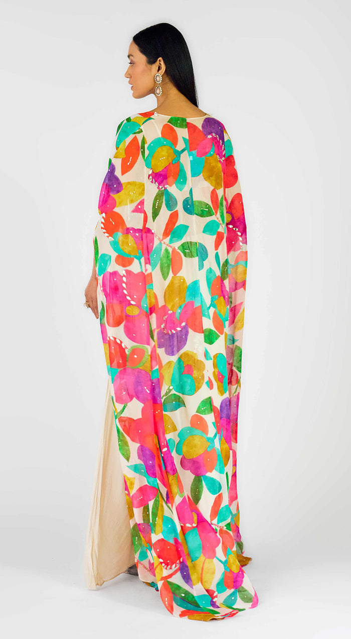 Multi Crepe Embroidered Abstract Cape Set