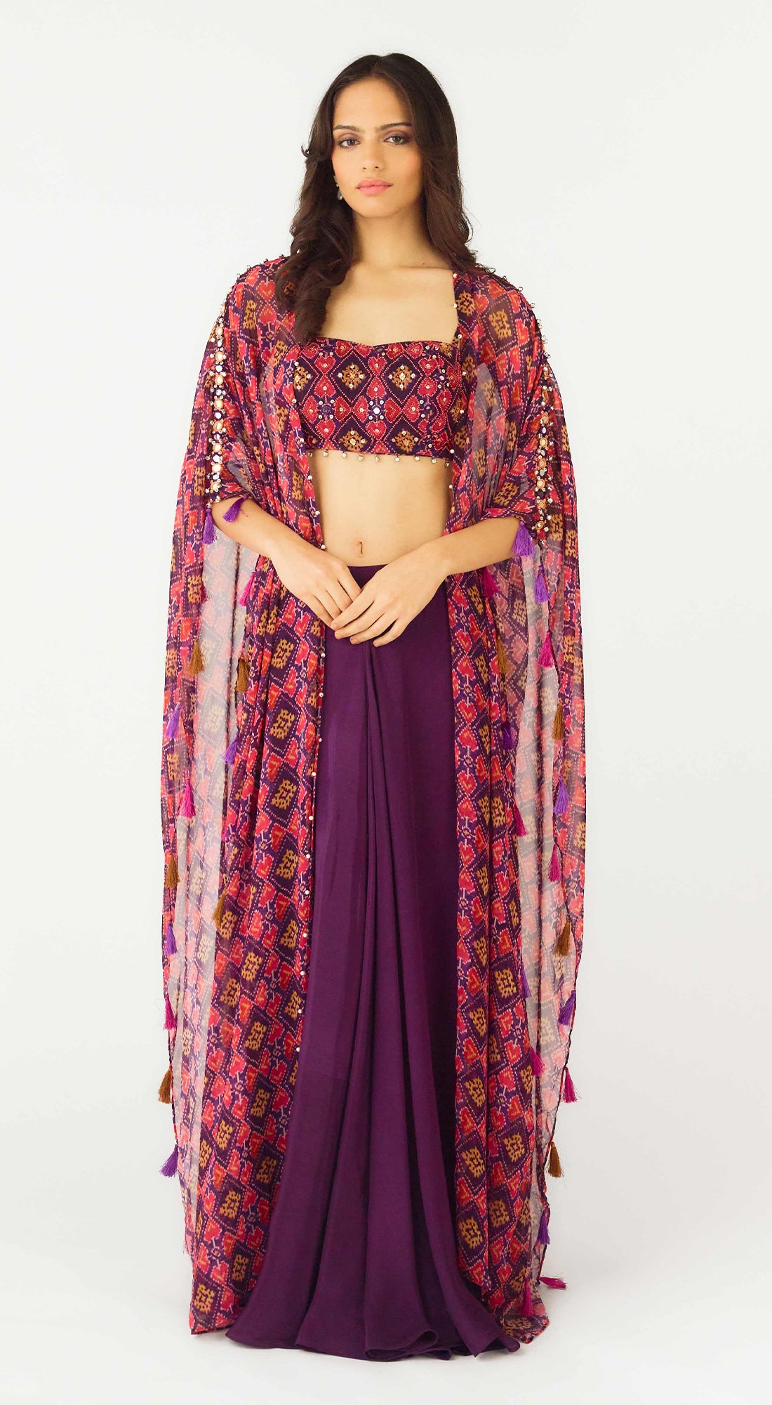 Purple Crepe Embroidered Cape Set
