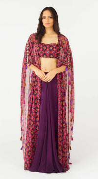 Purple Crepe Embroidered Cape Set