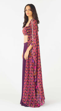 Purple Crepe Embroidered Cape Set