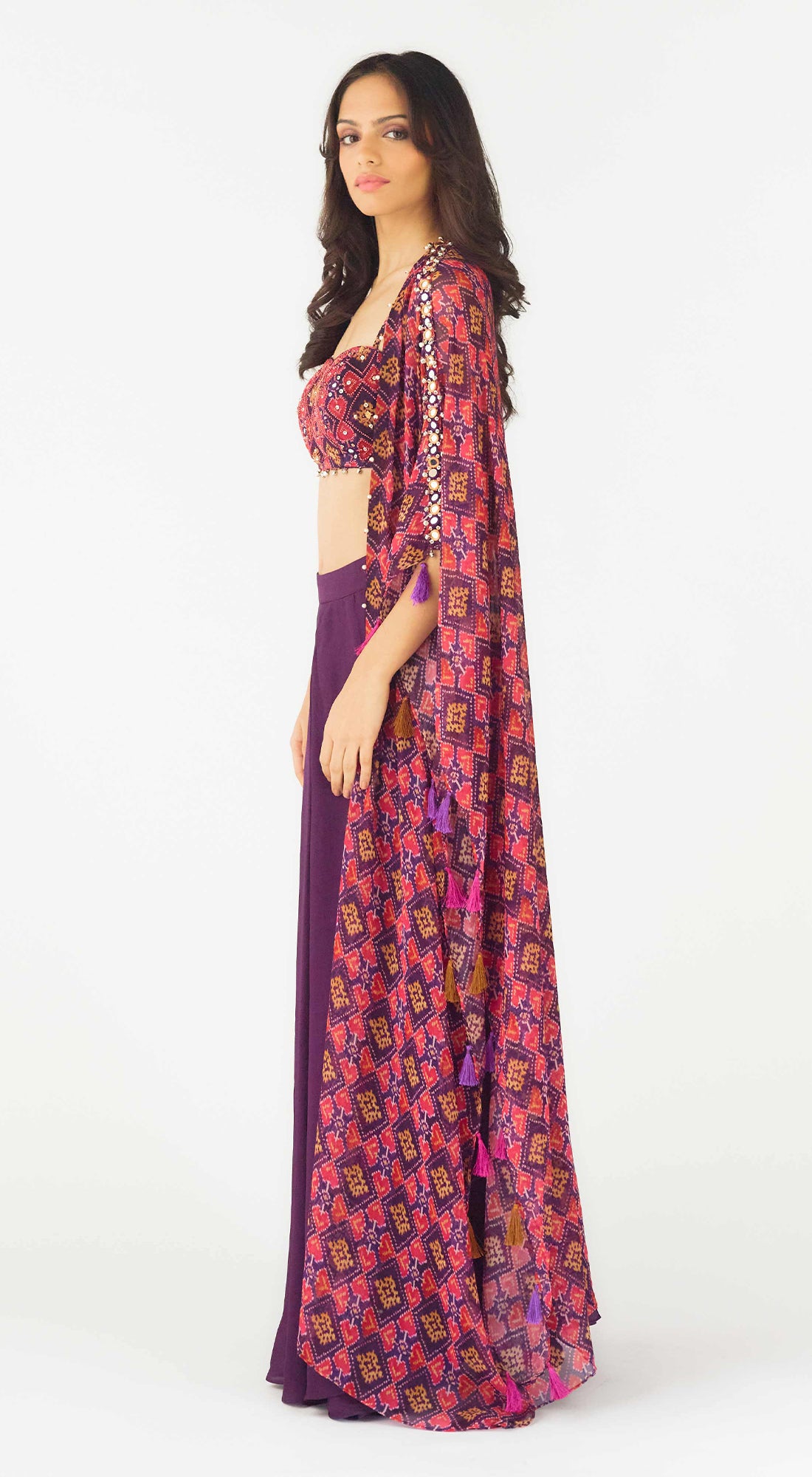 Purple Crepe Embroidered Cape Set