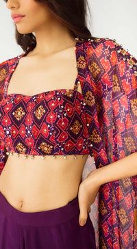 Purple Crepe Embroidered Cape Set