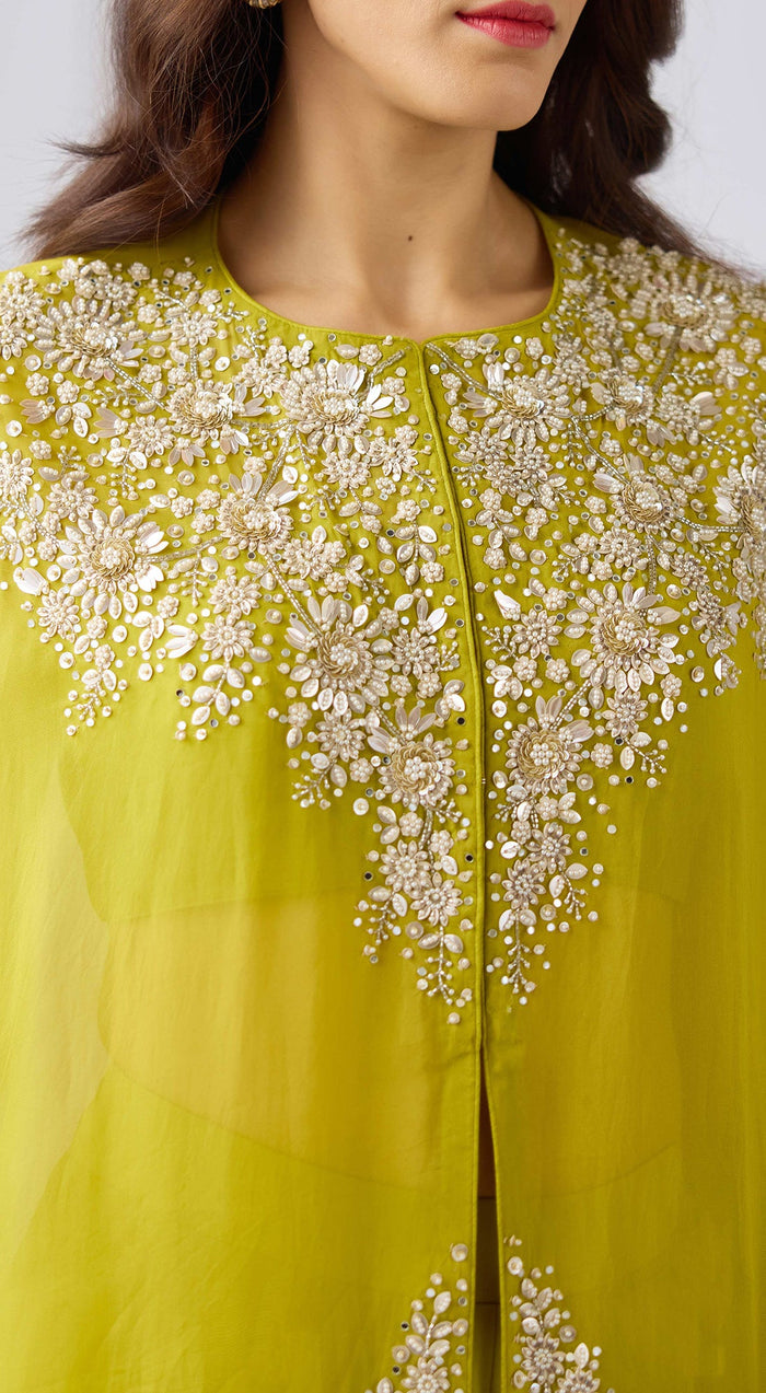 Lime Georgette Embroidered Kaftan Set