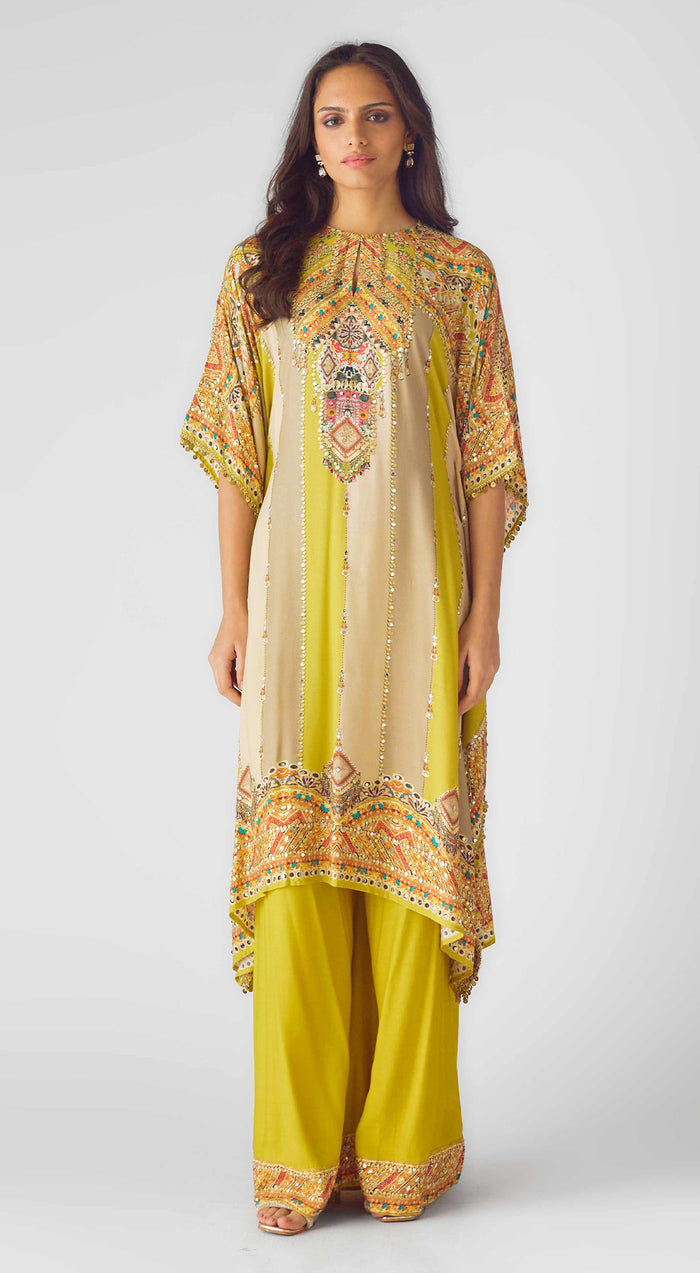 Lime Muslin Embroidered Kaftan Set
