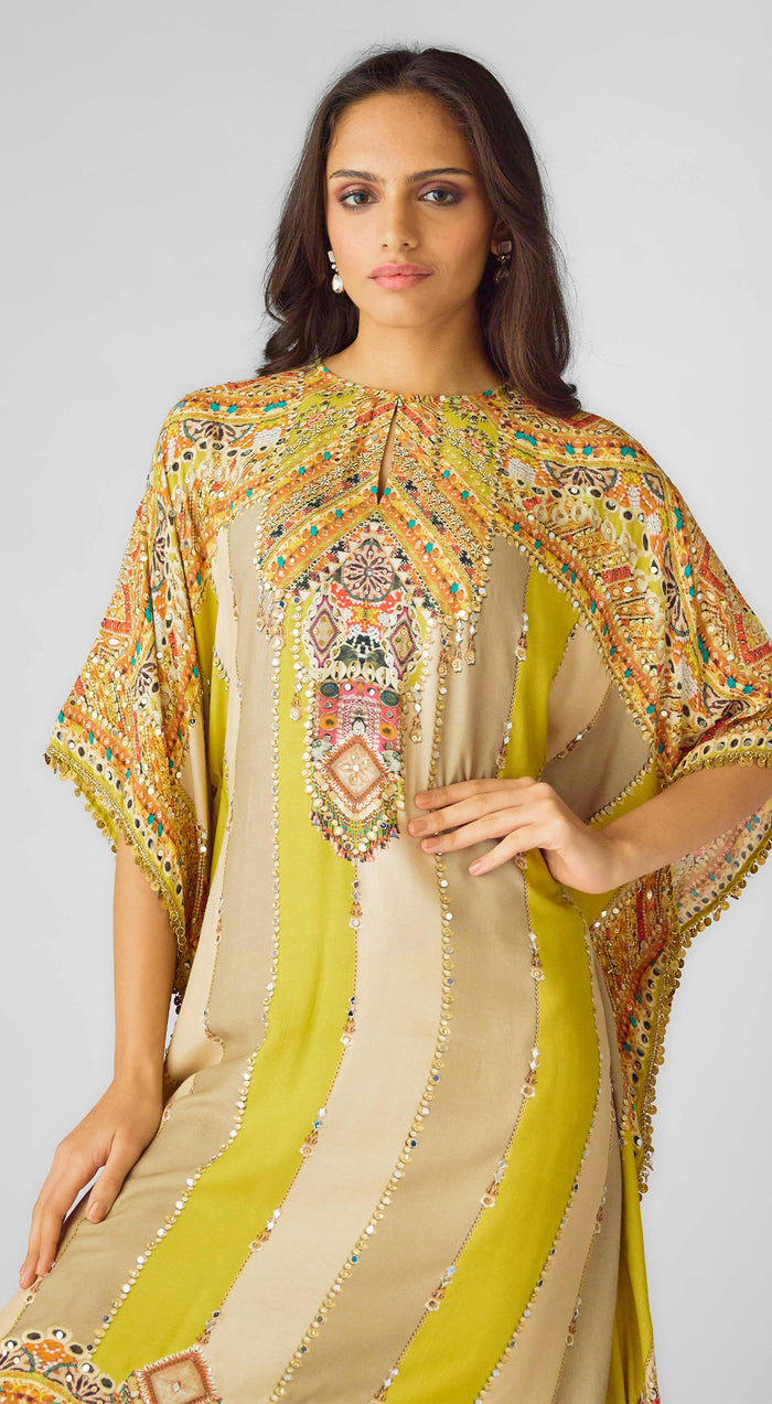 Lime Muslin Embroidered Kaftan Set