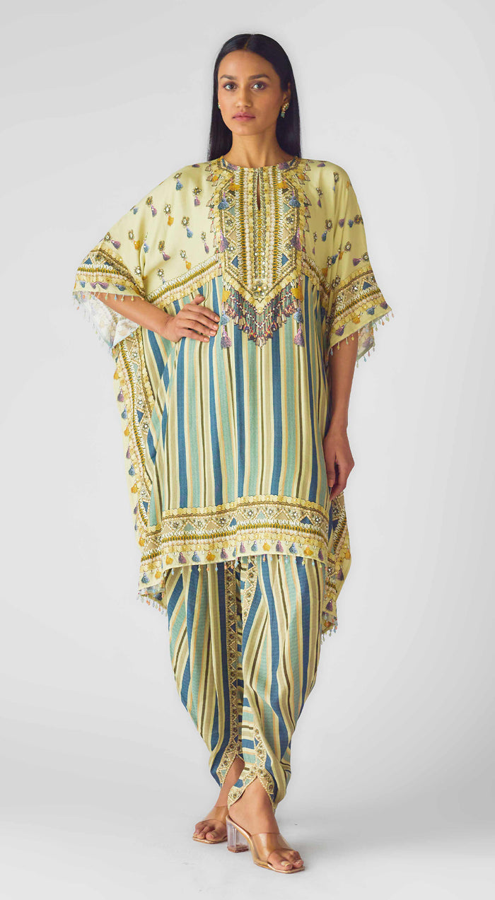 Blue Muslin Embroidered Kaftan Set