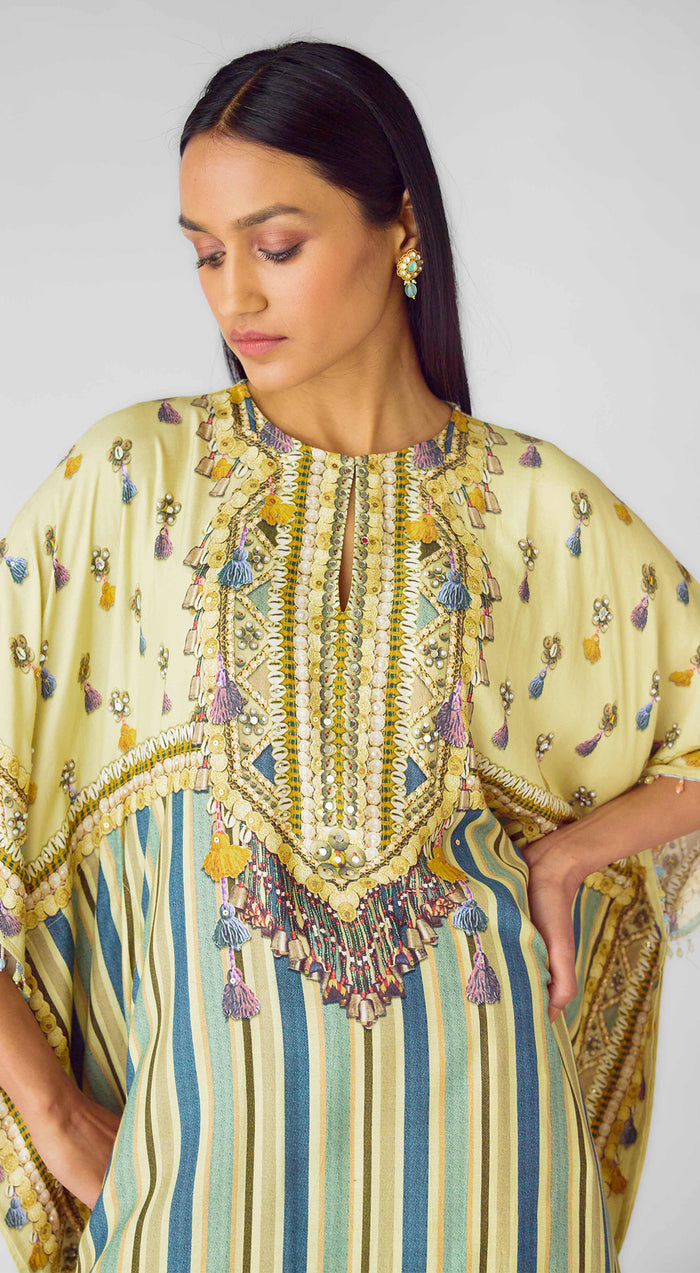 Blue Muslin Embroidered Kaftan Set