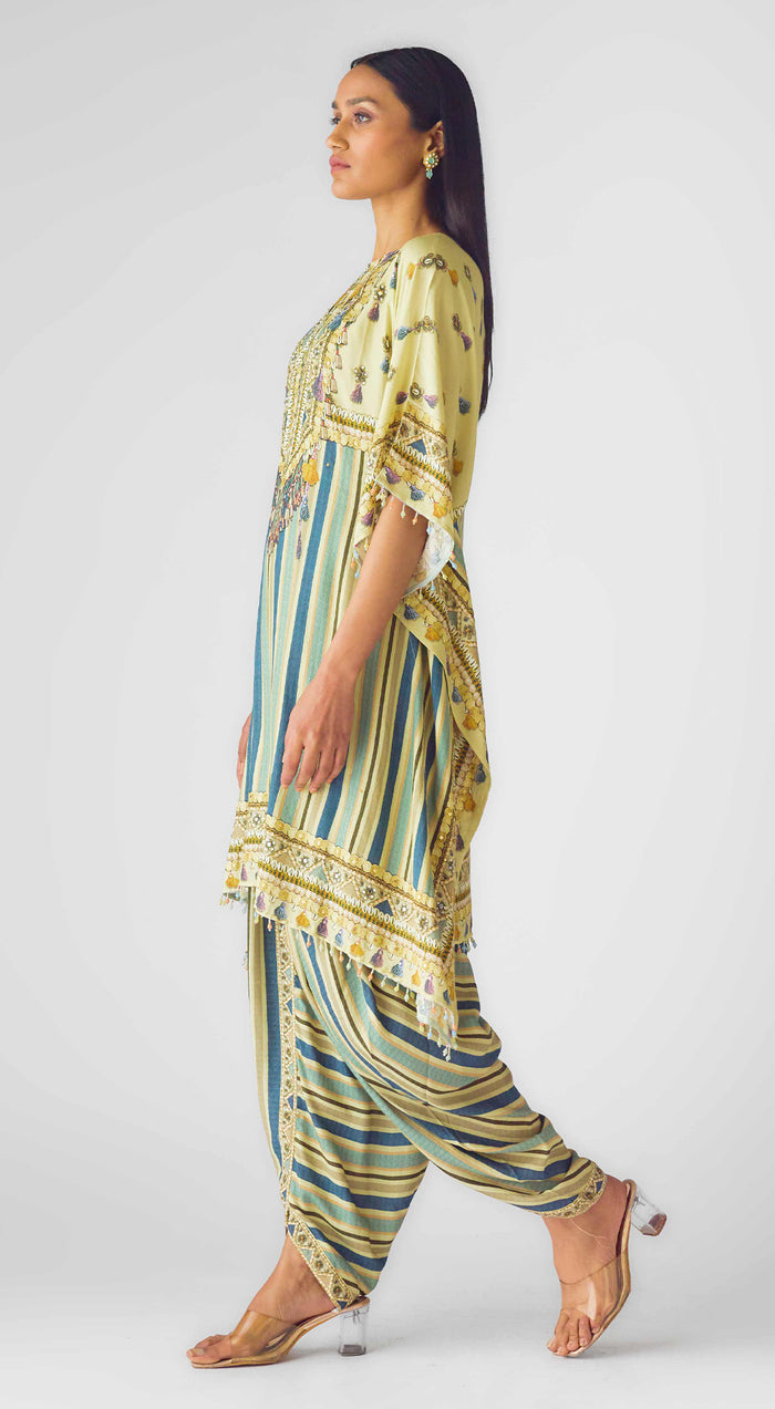 Blue Muslin Embroidered Kaftan Set