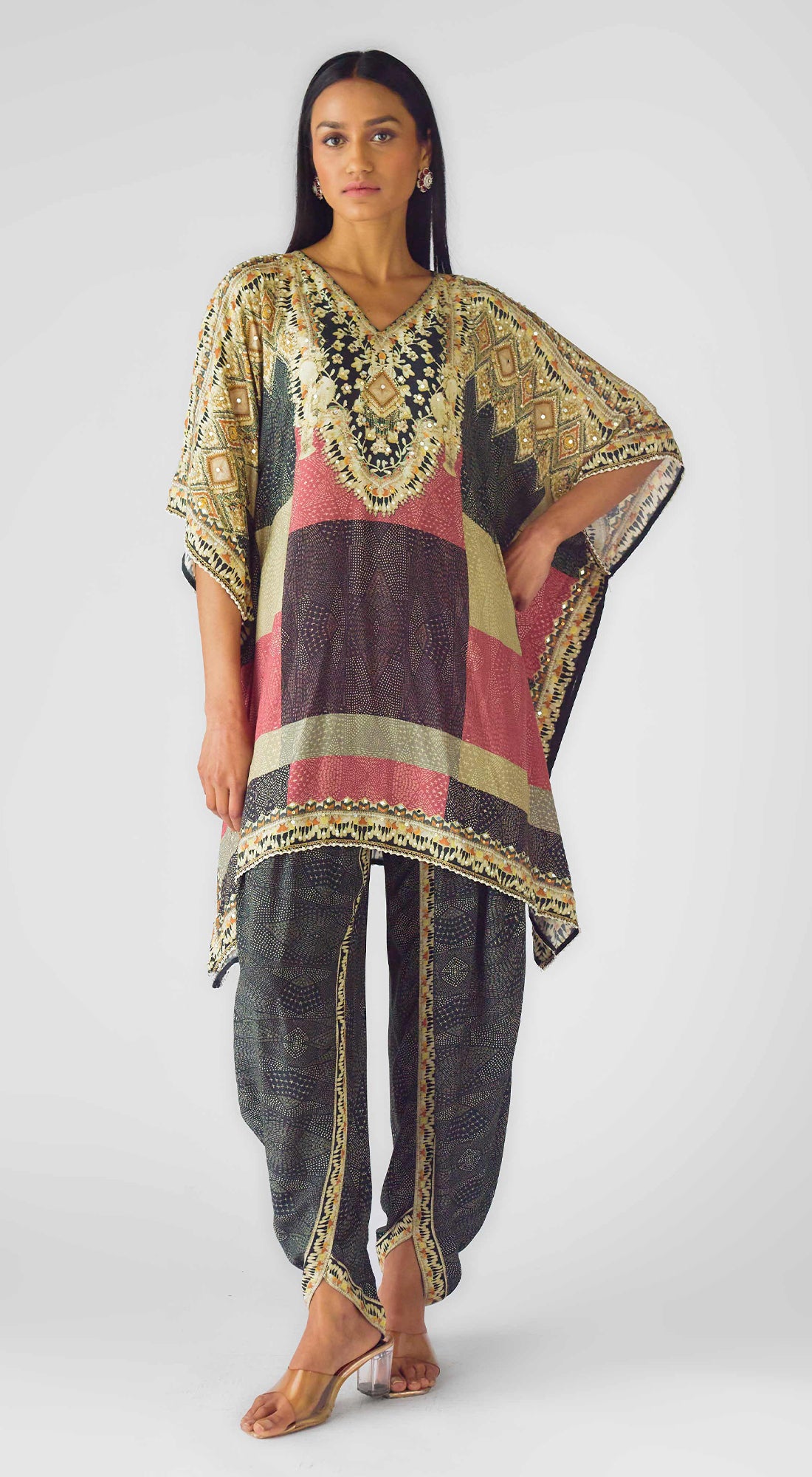 Multi Muslin Embroidered Kaftan Set
