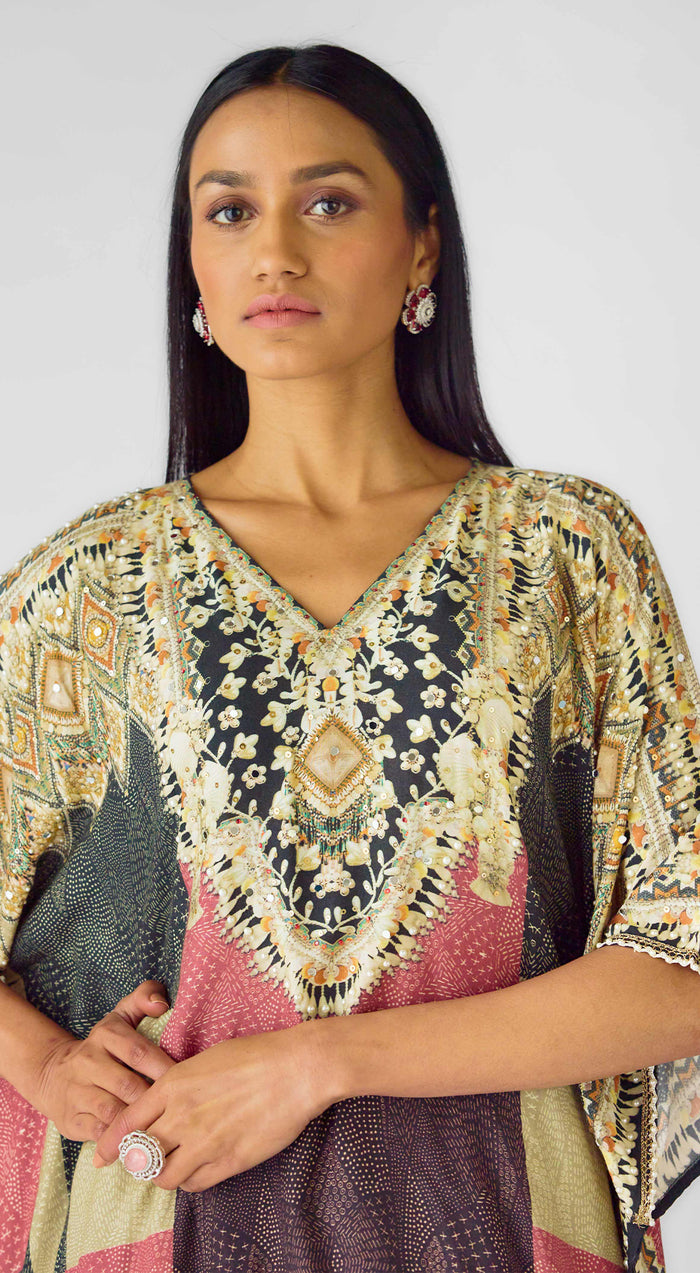 Multi Muslin Embroidered Kaftan Set