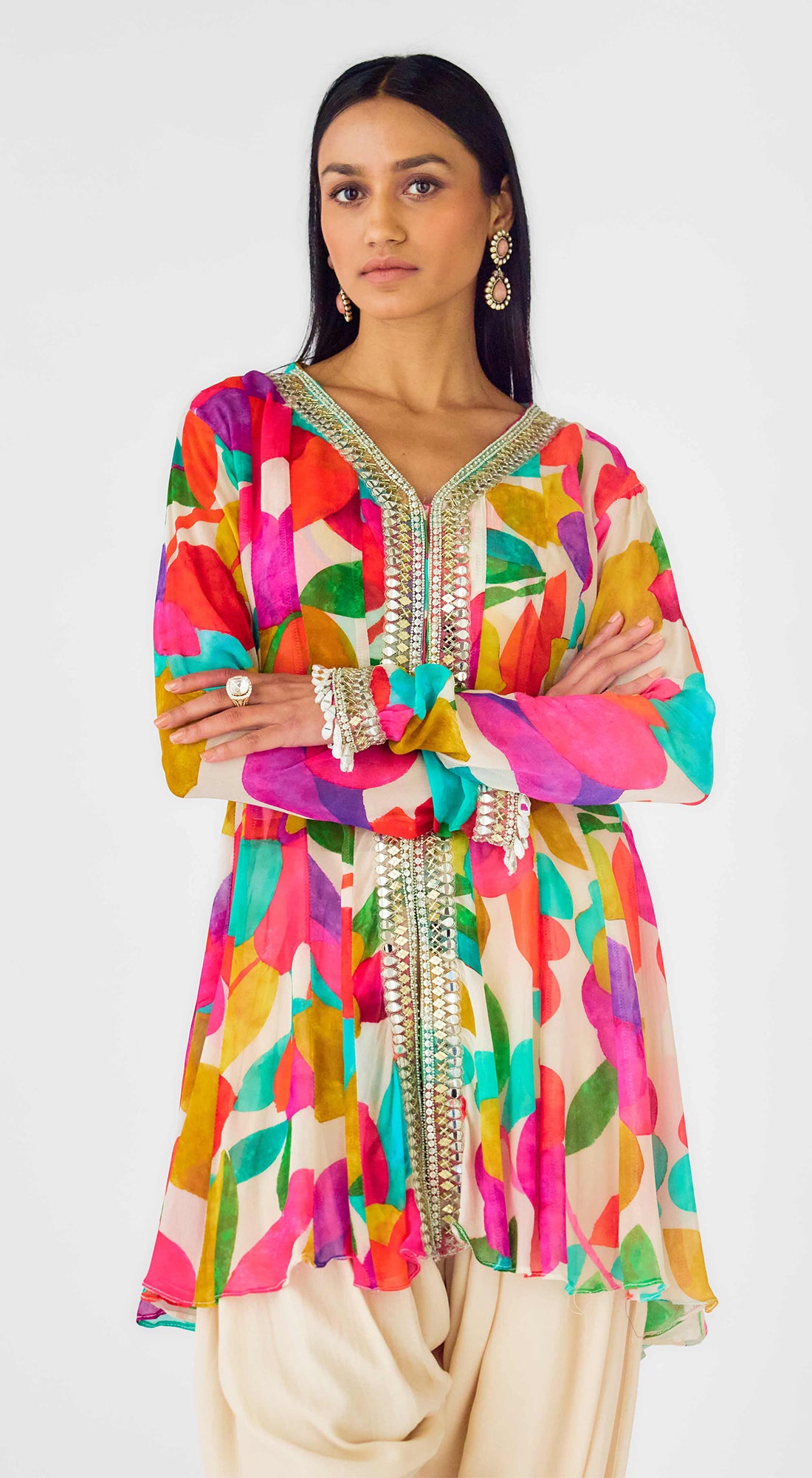 Multi Crepe Embroidered Abstract Dhoti Set