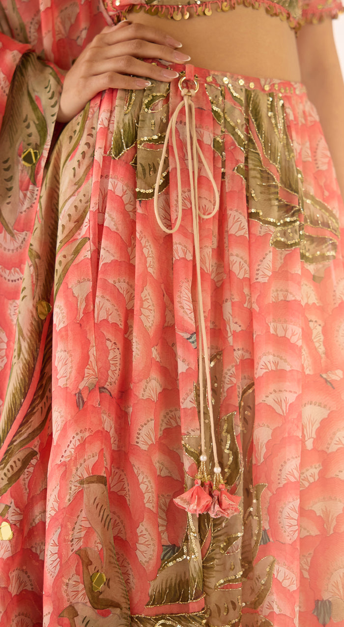 Peach Organza Embroidered Lehenga Set