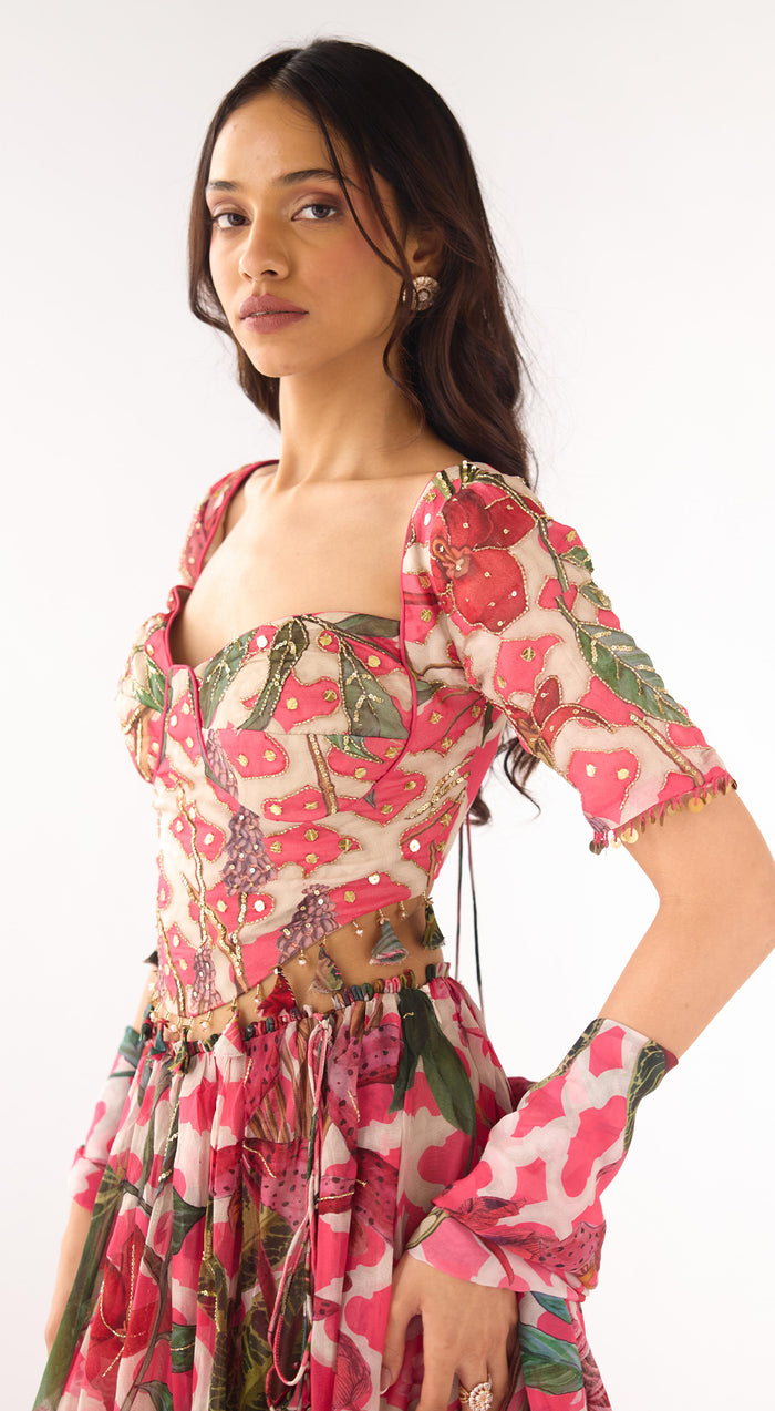 Pink Organza Embroidered Lehenga Set