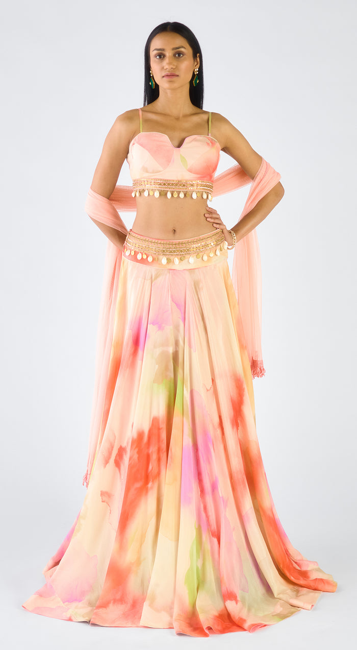 Multi Chiffon Embroidered Abstract Lehenga Set
