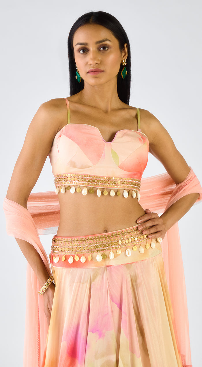 Multi Chiffon Embroidered Abstract Lehenga Set