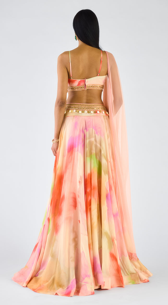 Multi Chiffon Embroidered Abstract Lehenga Set