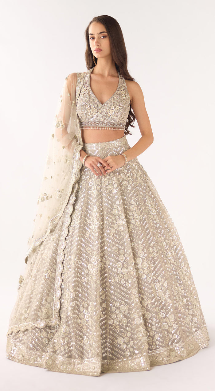 Grey Organza Embroidered Lehenga Set