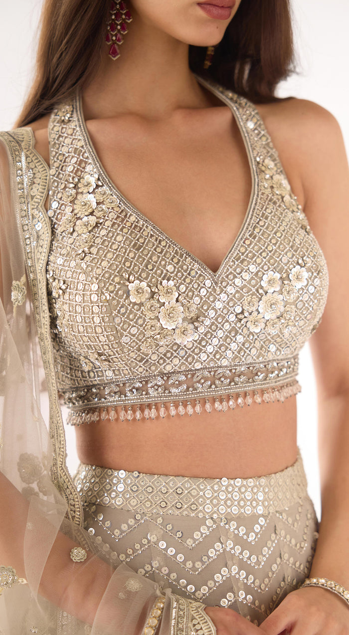 Grey Organza Embroidered Lehenga Set