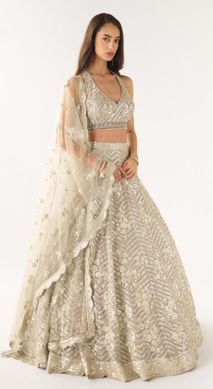 Grey Organza Embroidered Lehenga Set