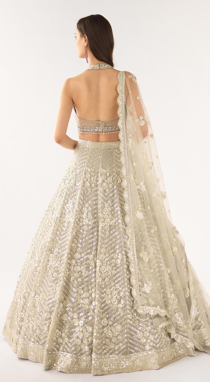 Grey Organza Embroidered Lehenga Set