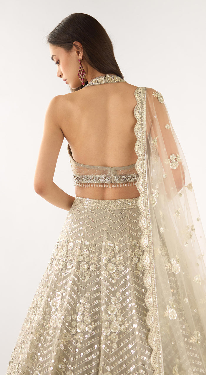 Grey Organza Embroidered Lehenga Set