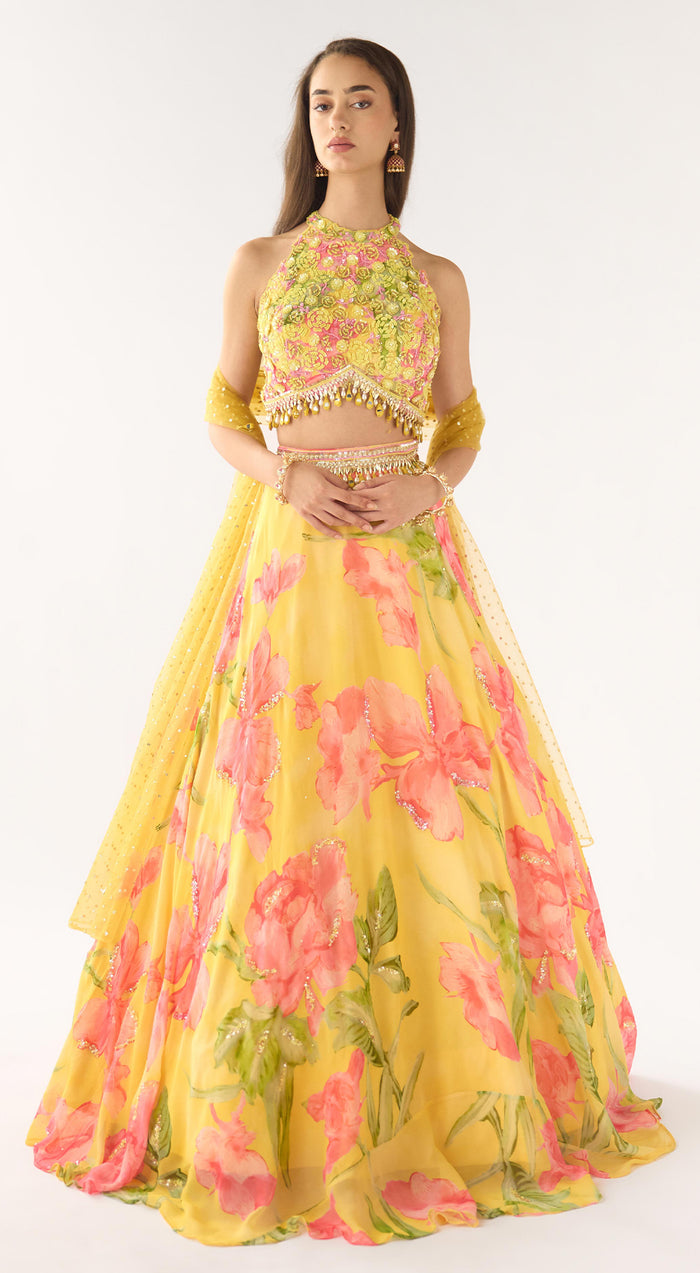 Yellow Georgette Embroidered Lehenga Set