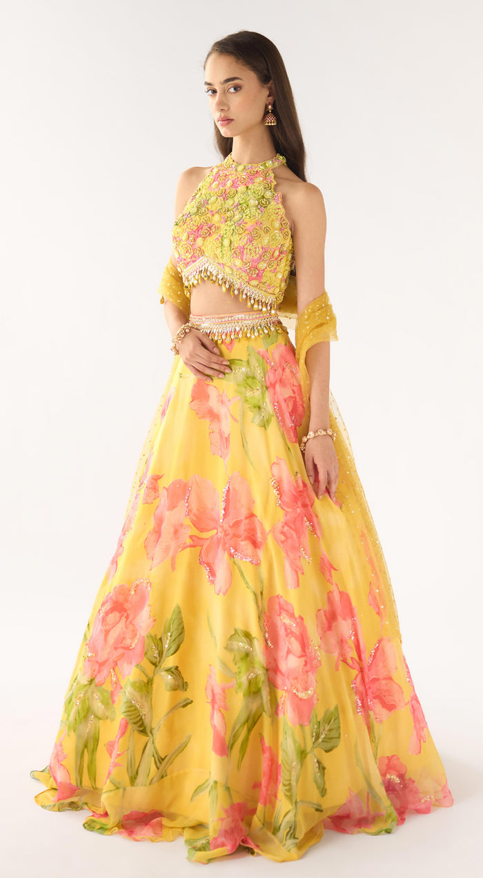 Yellow Georgette Embroidered Lehenga Set