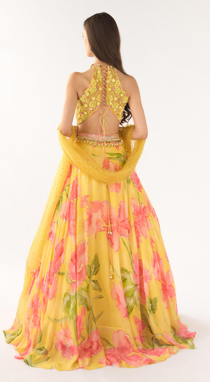 Yellow Georgette Embroidered Lehenga Set