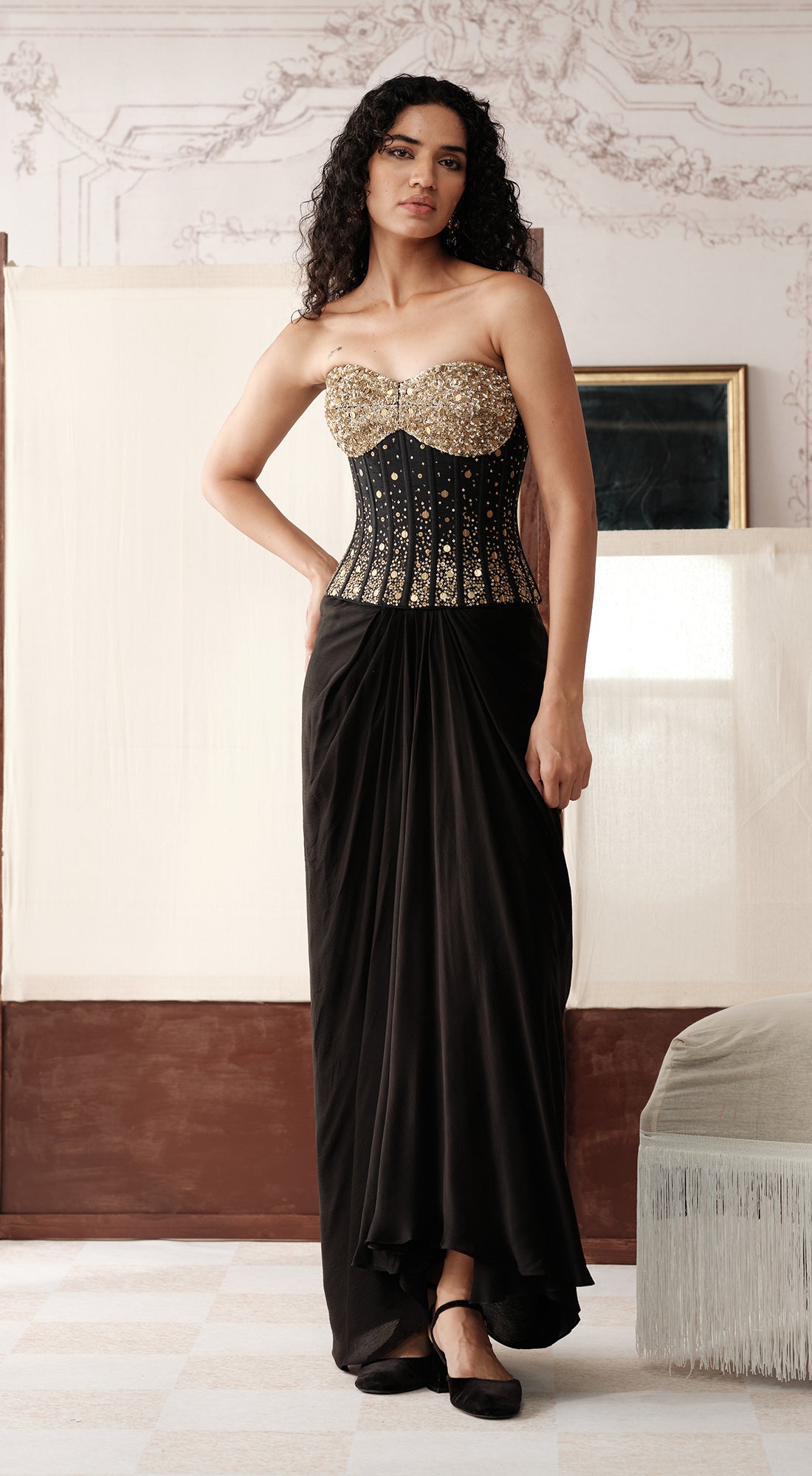 Black corset saree with Swarovski and sequin embroidery - Basanti kapde aur koffee
