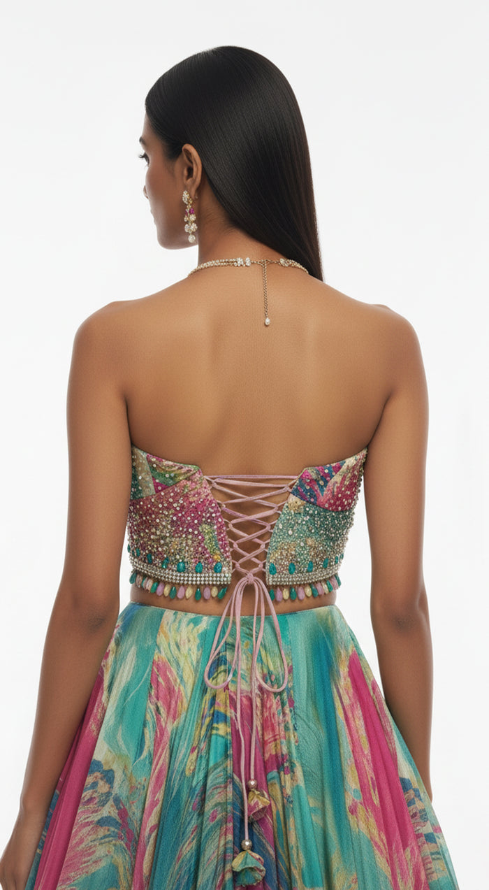 Aqua Crepe Embroidered Lehenga Set