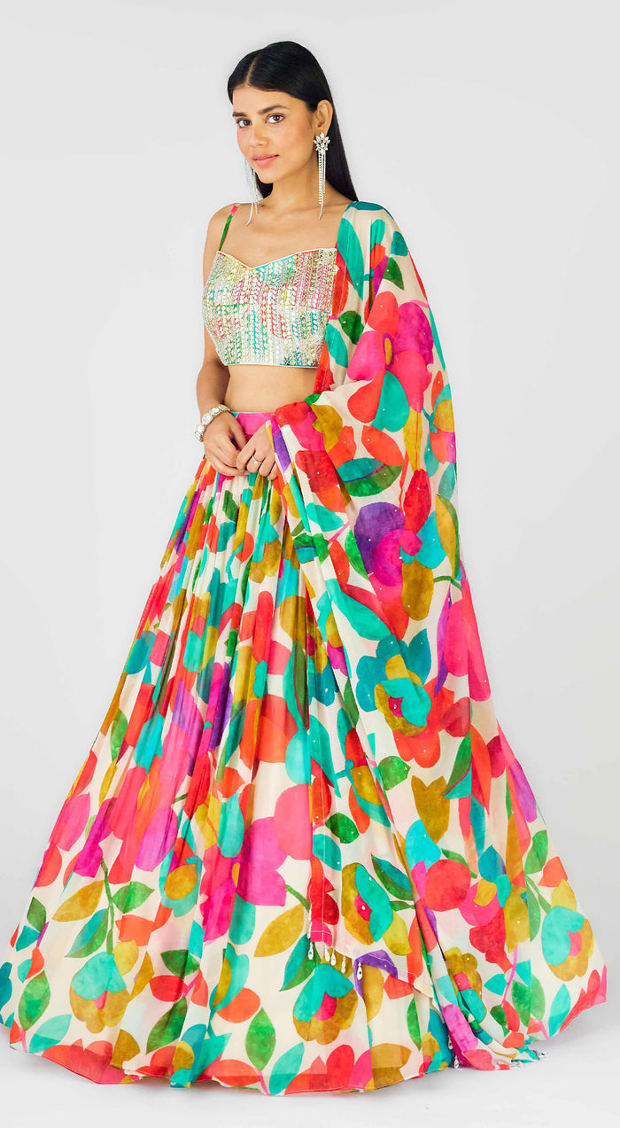 Multi Georgette Embroidered Abstract Lehenga Set