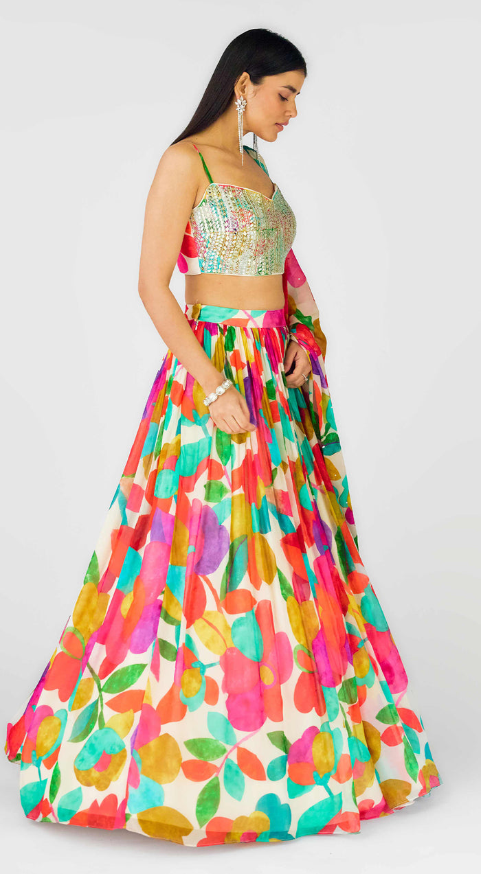 Multi Georgette Embroidered Abstract Lehenga Set