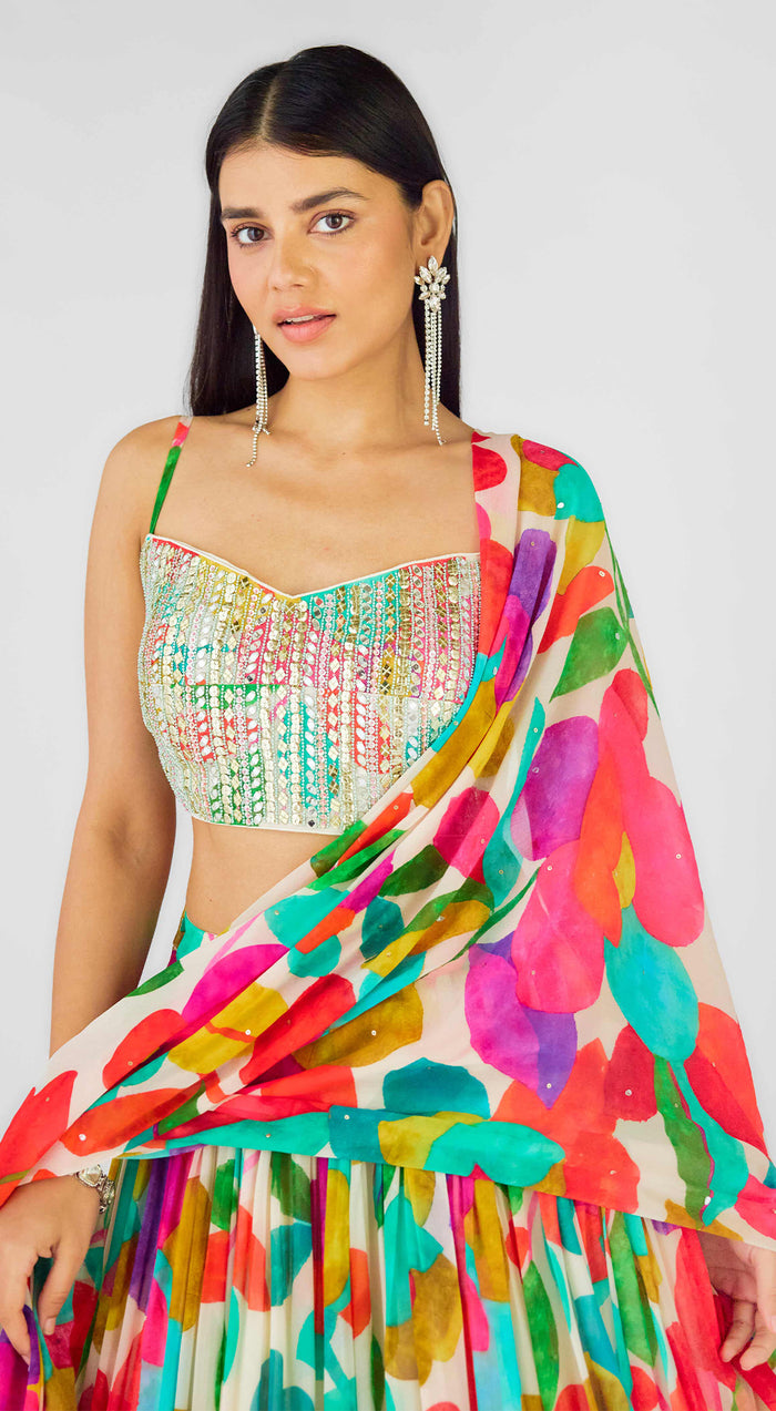 Multi Georgette Embroidered Abstract Lehenga Set