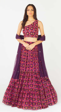 Purple Crepe Embroidered One Shoulder Lehenga Set