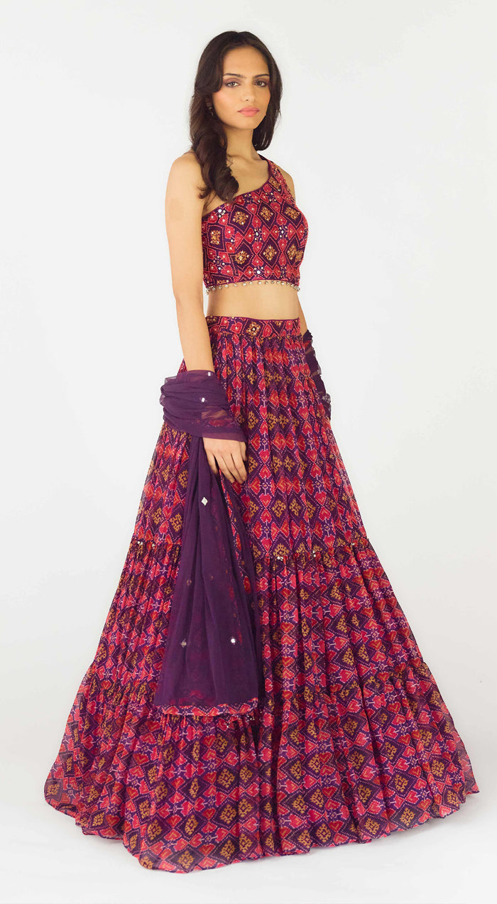 Purple Crepe Embroidered One Shoulder Lehenga Set