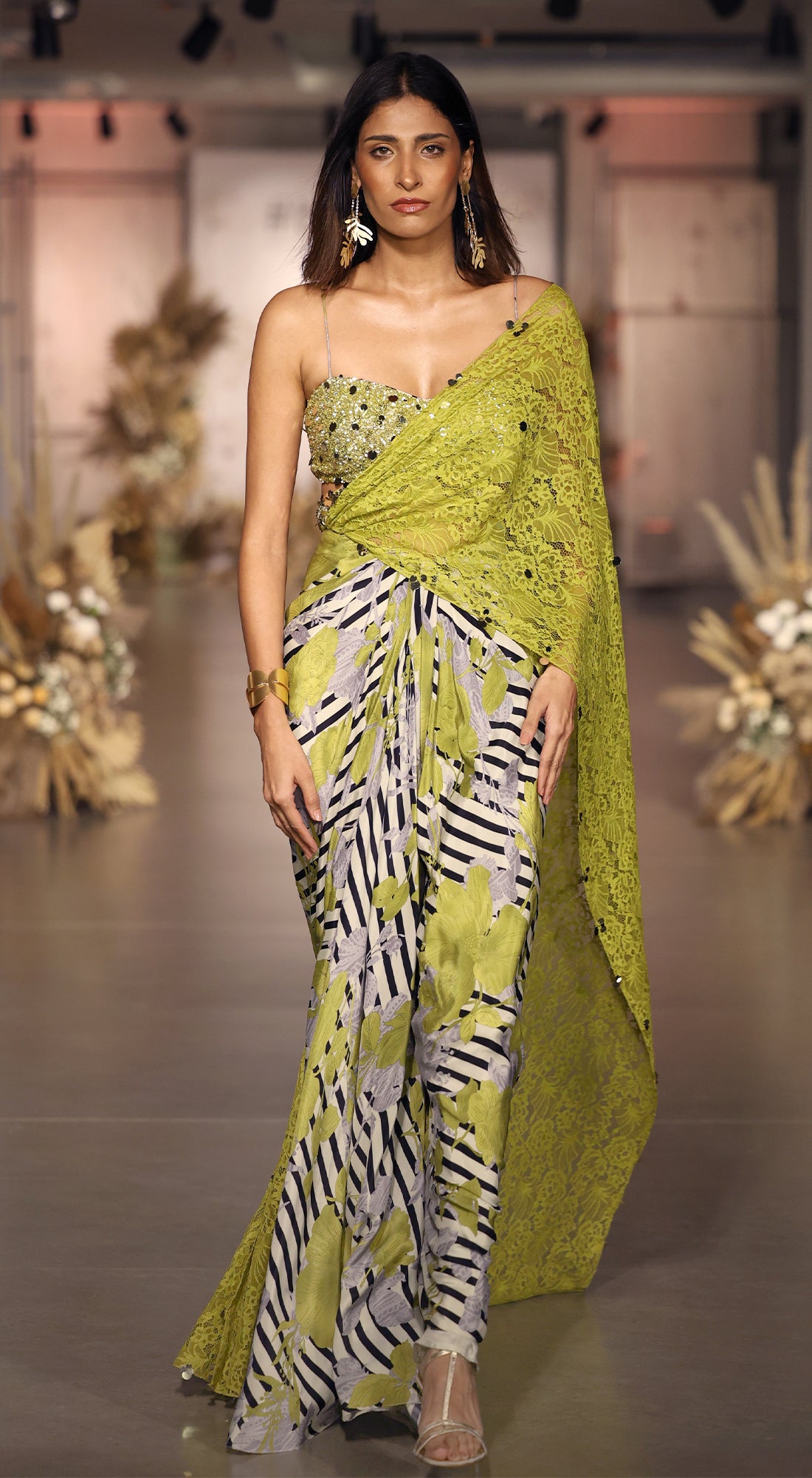 Green crepe draped saree with coin embroidery by Basanti Kapde Aur Koffee