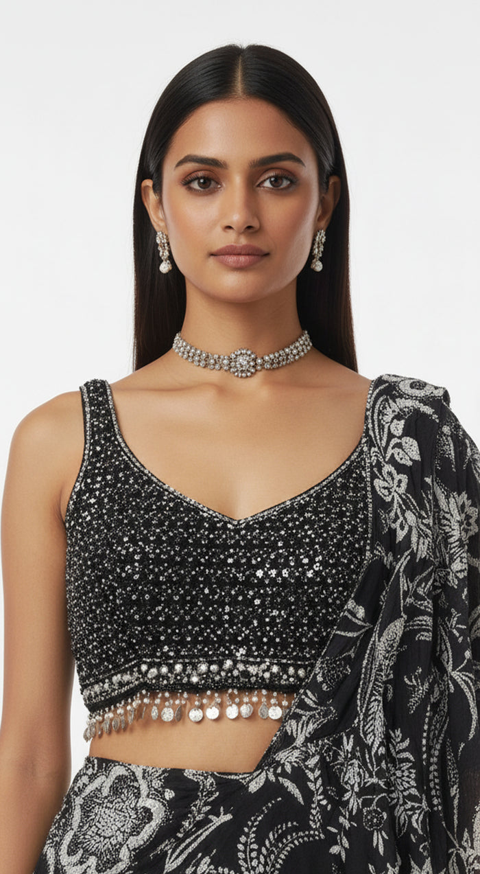 Black Crepe Embroidered Draped Saree Set