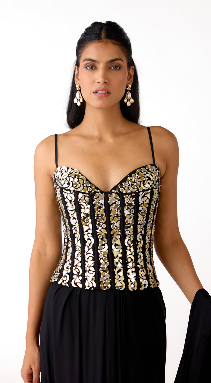 Black Lycra Embroidered Draped Saree Set