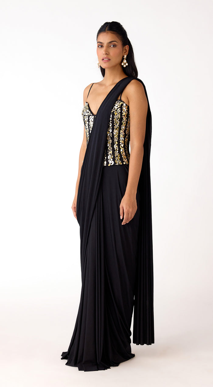Black Lycra Embroidered Draped Saree Set