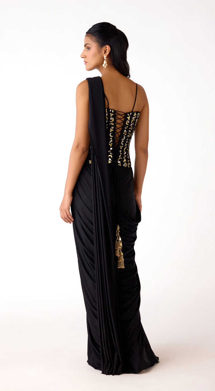 Black Lycra Embroidered Draped Saree Set