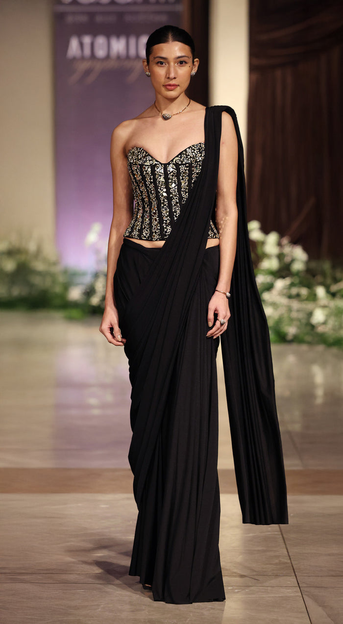 Black Lycra Embroidered Draped Saree Set