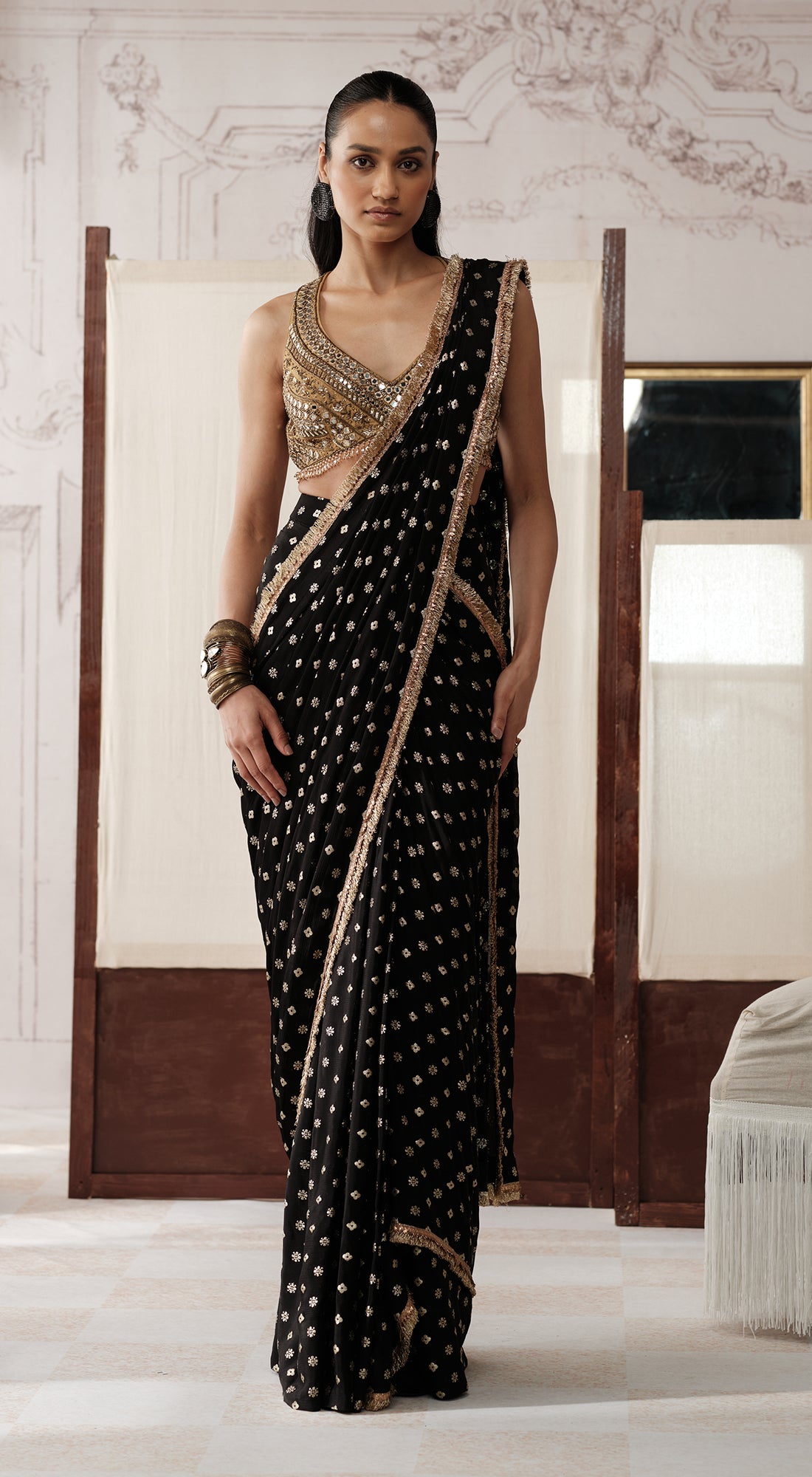 Black Designer draped saree with mirror cutdana and zari embroidery - Basanti kapde aur koffee