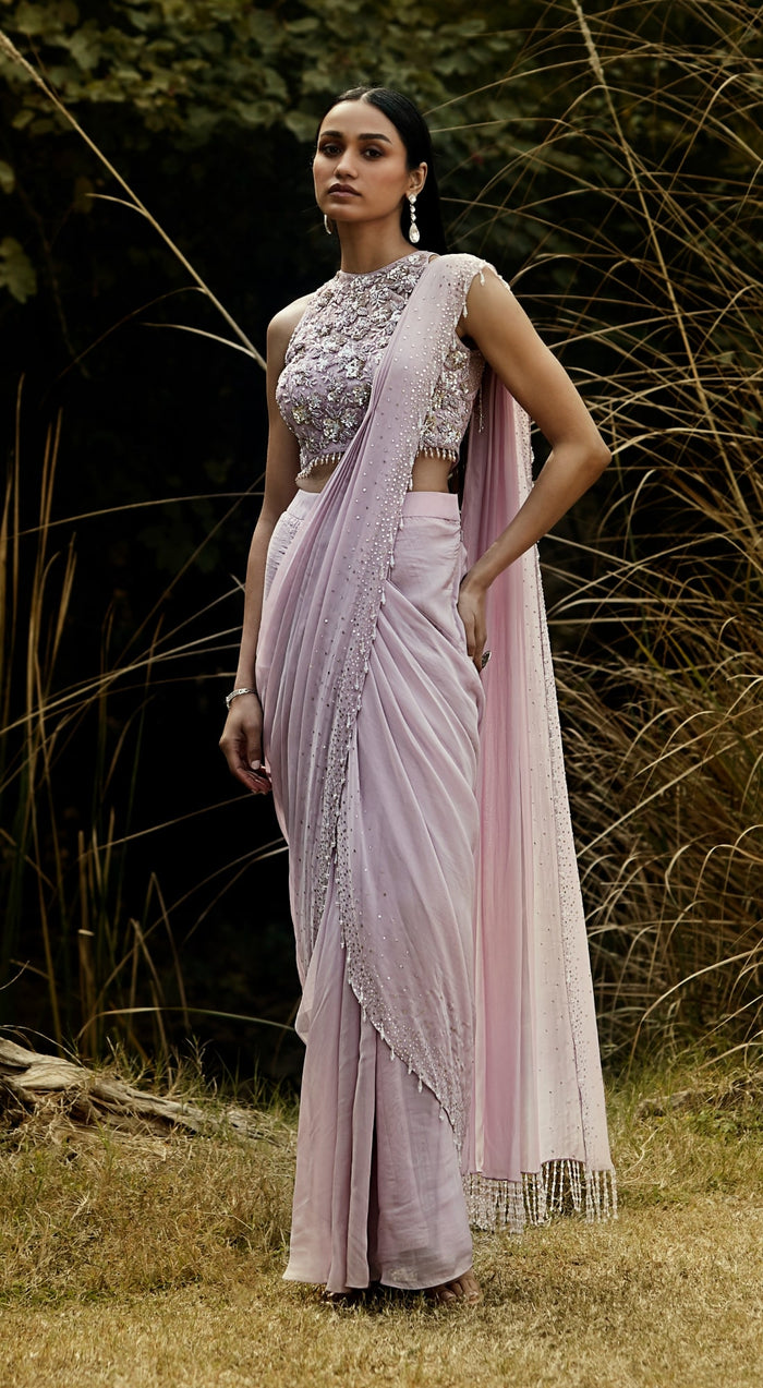 Lilac Embroidered Pre Draped Saree